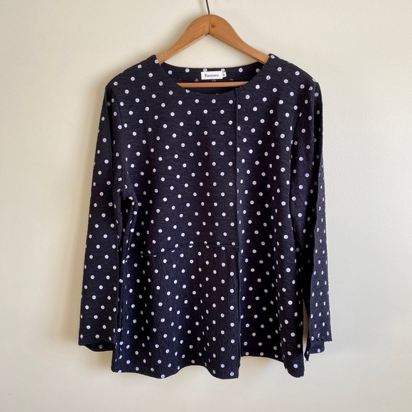 Periwinkle Tops - Periwinkle Polka Dot Art to Wear Patchwork Uneven Hemline Long Sleeve Top